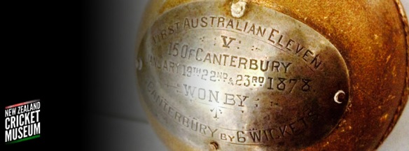 The ball used in the Canterbury XV v. Australian XI match in 1878. - NZ Cricket Museum collection