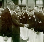 Harry Cave shakes hands with King George VI during New Zealand's 1949 UK tour.- NZ Cricket Museum collection